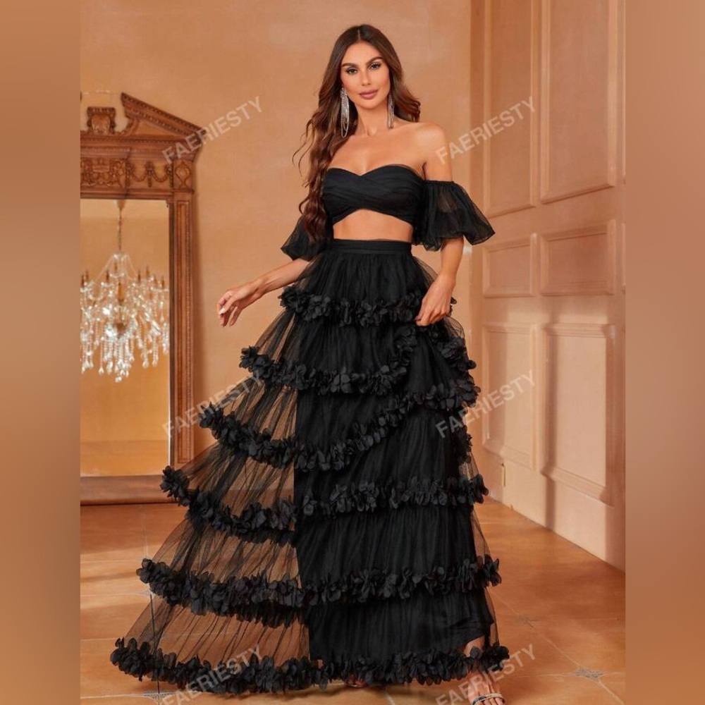 Off Shoulder Puff Sleeve Crop Top & Frill Trim Mesh Skirt